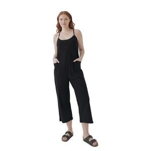 Pact Jumpsuit Womens Small Black Organic Cotton Jersey Pocket Wide Leg Cropped